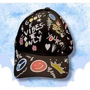 Graffiti VIBES Piece Sign Crown SMILEY on Black CAP Hat DRIP Cool Words